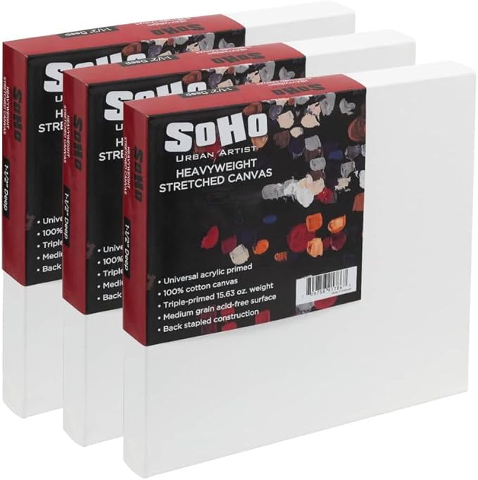 SoHo Urban Artist, 6x6 Heavyweight Stretched Cotton Canvas for Painting - 1.5" Deep- 3 Pack, Triple Primed, 100% Cotton Canvas, Archival, Universal Primed for Oil, Acrylic, Alkyd, Mixed Media