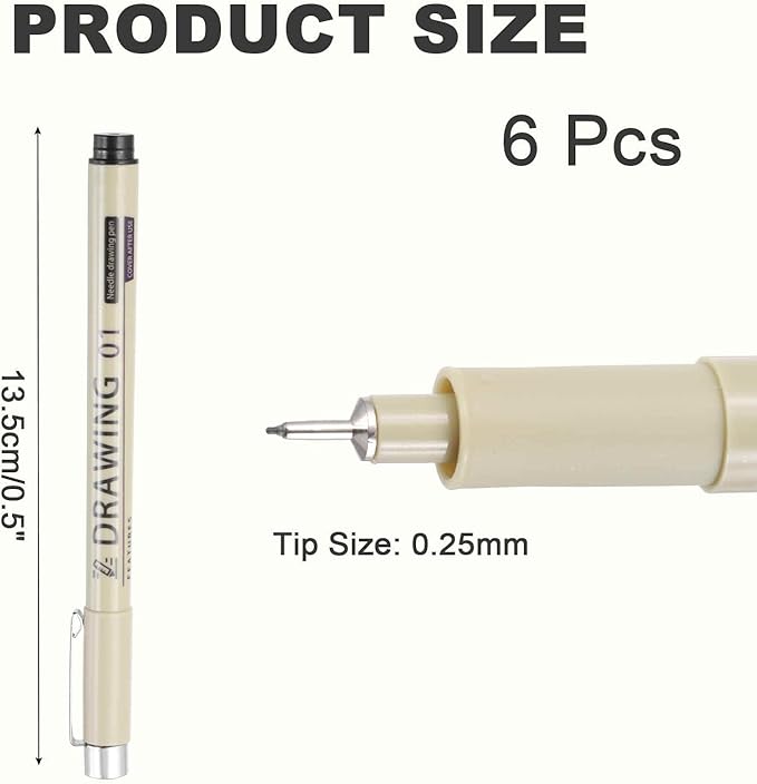 MECCANIXITY 01 Fineliner Ink Pens, 6Pcs 0.25mm Black Micro Pens with Waterproof Archival Ink for Watercolor Sketching Cartoon Technical Drawing