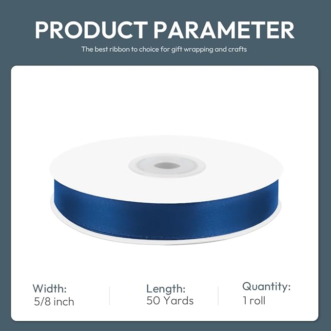 KMER LIFE 5/8" Wide x 50 Yards Navy Blue Polyester Satin Ribbon - Perfect for Wedding Decor, Wreath, Crafts, Gift Wrapping & Other Projects