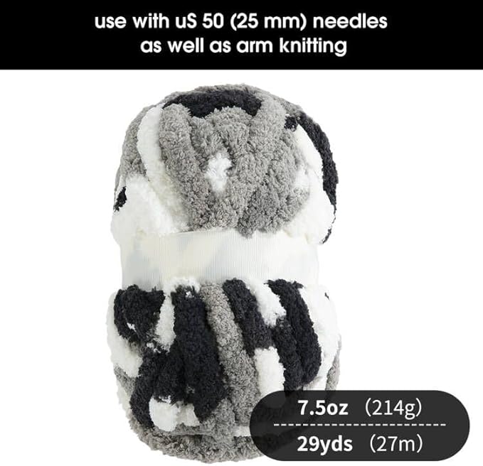 HOMBYS 12 Pack Giant Chunky Yarn for Crocheting & Knitting, Super Bulky Soft Fluffy Tie Dye Plush Fuzzy Mixed Color Thick Chenille Yarn (Black, White, Grey)