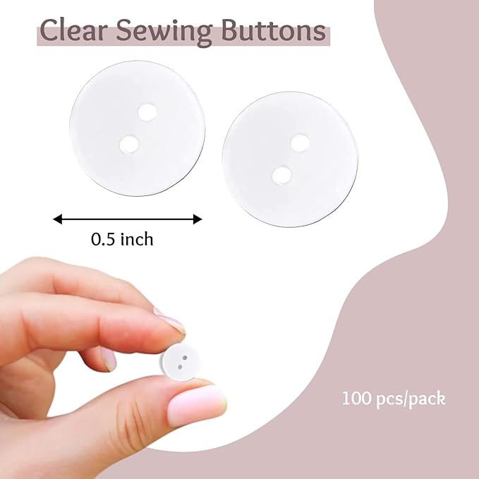1/2" Clear Buttons 100 Pcs Transparent Buttons for Sewing 0.50 inch (13 mm) 2 Hole Crafts Sewing 20L Round Bulk Plastic Ideal for Dress Pants Shirt Skirt Blouse Craft DIY