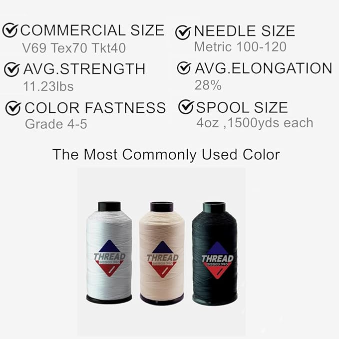 Sissewpro Tex70 Bonded Nylon Thread 69 Upholstery Thread Heavy Duty Threads for Sewing Machine Strong Black Threads for Leather, Beading, Hair Weaving, Denim, Canvas, 4oz 1500yds（3, BK&WH&BGE）