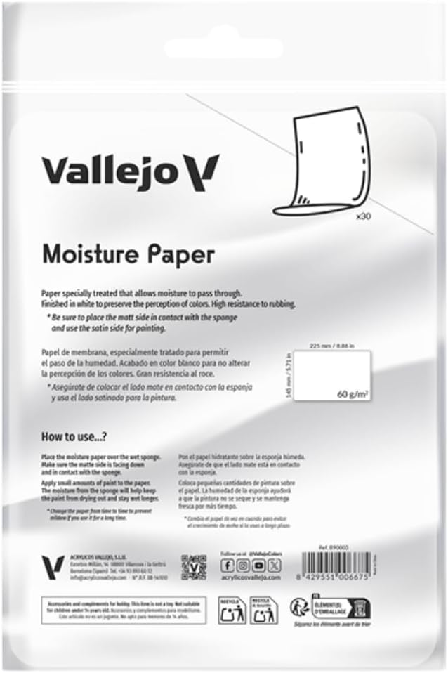 Vallejo - 30 Sheets of Moistening Paper for the Vallejo´s Wet Palette, size 22.5 × 14.5 cm (8.86 × 5.71) and a Paper Density of 60 g/m2 - Save Paint and Keep it Fresh
