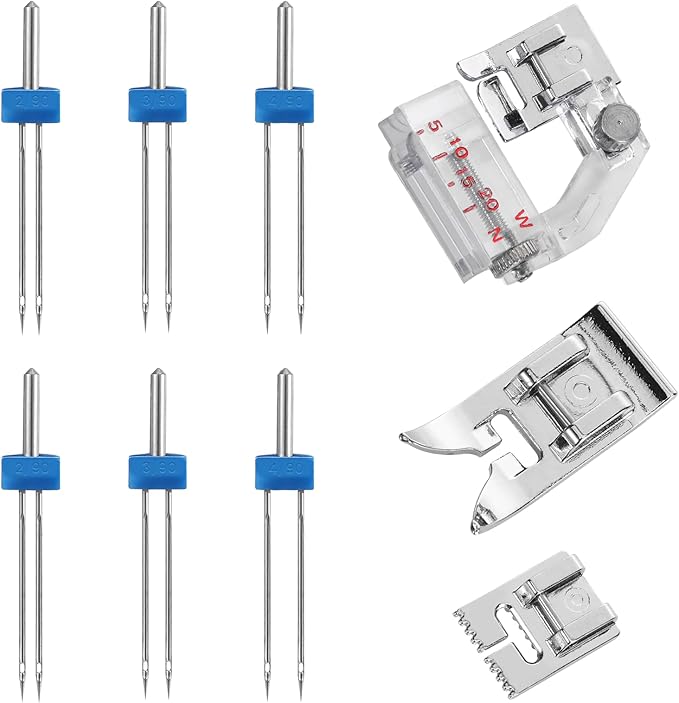 9 Pieces Stretch Twin Needles for Sewing Machine, Ballpoint Household Double Twin Brother Sewing Machine Needles Automatic Needle Pins Threader Presser Foot, Ideal Gifts for Craft Enthusiasts