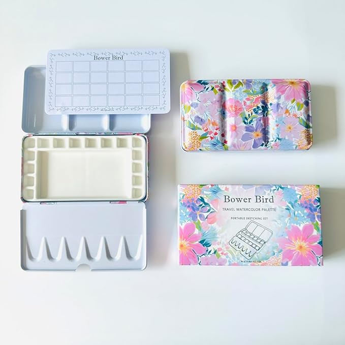 Bower Bird Travel Watercolor Palette,Portable Ceramic Palette,Empty Paint Palette,Small Travel Metal Paint Boxwith Porcelain Palette (16Well)