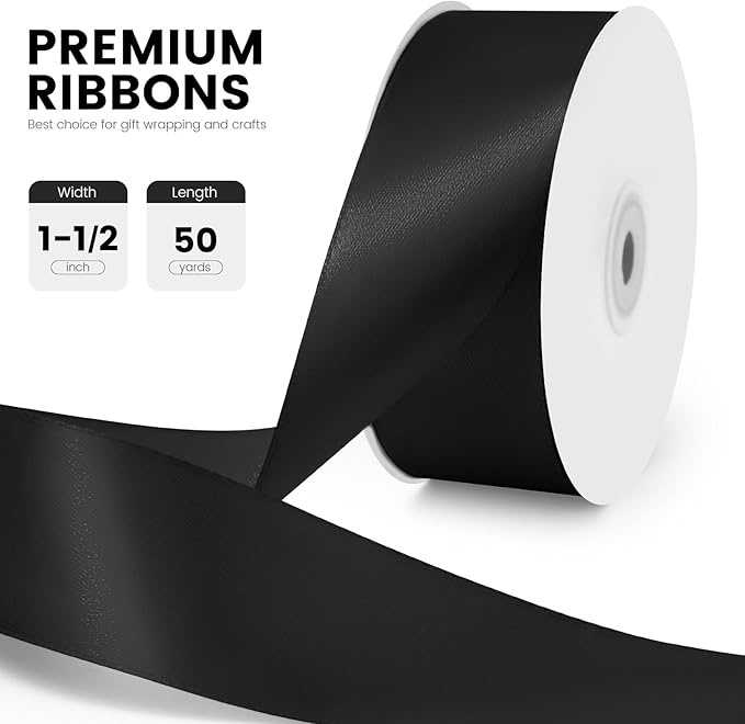 1-1/2" x 50 Yards Satin Ribbon - Black Silk Ribbon with Spool - Ideal for Gift Wrapping, Floral Bouquets, Crafts, Wedding Party Decorations, Christmas and Sewing Projects