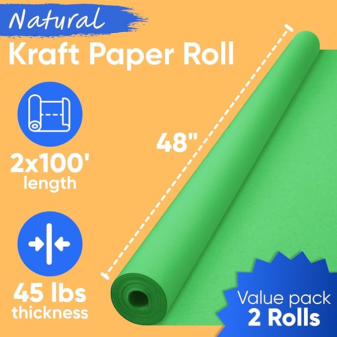 48" x 1200" (100 ft) Green Kraft Paper Roll (Value Pack of 2), 45 lbs Thickness, Made in USA Colored Craft Paper for School, Bulletin Board - Odorless, Non-Toxic, Safe for Kids