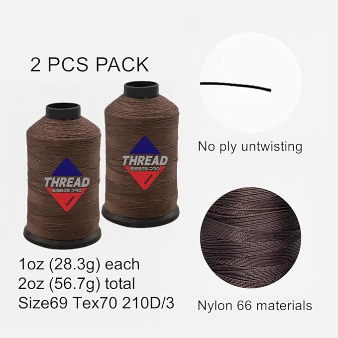 Sissewpro 1oz 375 yds Each 2 Pack Tex70 Bonded Nylon Thread 69 Upholstery Thread Heavy Duty Threads for Leather Sewing Machine, Beading, Hair Weaving, Denim, Canvas,Webbings 2oz Total（2, Brown）