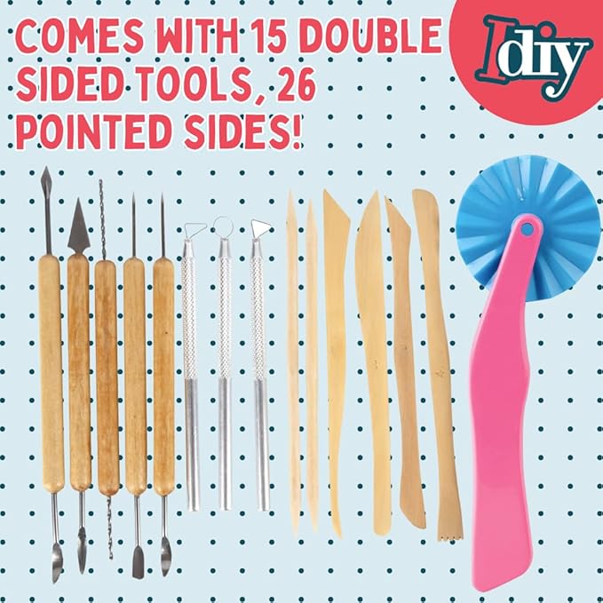 Pottery Tool Starter Kit- 15-Piece 26-Tool Beginner's Clay Ceramics Modeling Carving Sculpting Set- Arts & Crafts School Project, w Carrying Case, Birthday Gift for Kids, Holiday Gift Set for Artists