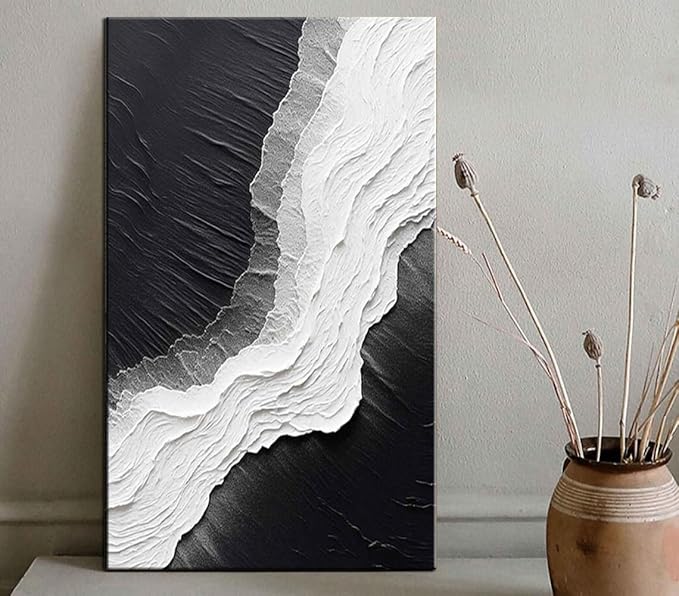 YaSheng Art - Hand-Painted Thick Texture Abstract Oil Painting sea wave Black and White Wall Art Minimalist modern Art Paintings Home Living room Room Dining Room Bedroom Wall Decorative Art Oil Painting 24x48inch