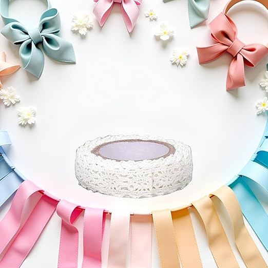 1 Roll 1.7m White Trim Ribbon Tape Self-Adhesive Decorative Lace Fabric Washi Tapes Striping Masking Tapes Decorative Durability Lace Washi Arts and Crafts Tape