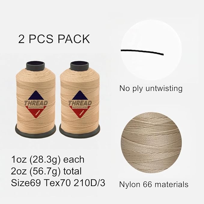 Sissewpro 1oz 375 yds Each 2 Pack Tex70 Bonded Nylon Thread 69 Upholstery Thread Heavy Duty Threads for Leather Sewing Machine, Beading, Hair Weaving, Denim, Canvas,Webbings 2oz Total（2, Beige）