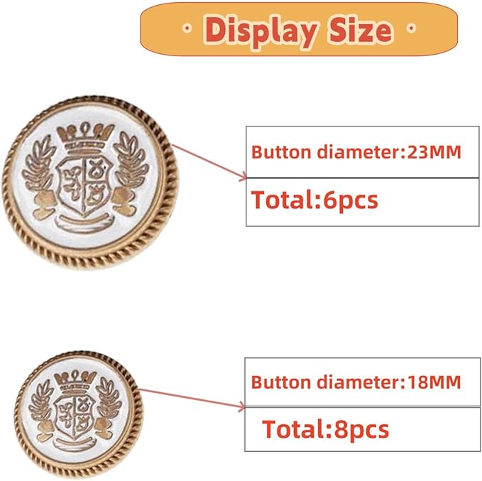 14 Pieces White Gold Metal Blazer Button Set 18mm 23mm for Blazers, Suits, Sport Coats, Uniform, Jackets (MBM36)