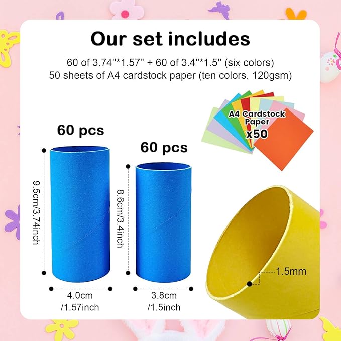 Seeyauro 120-Pack Kraft Cardboard Tubes for Crafts-1.57x3.74 Inches&1.5x3.4 Inches-Resistant Toilet Paper Rolls for DIY, School Supplies & Art Projects-Include 50 Sheets A4 Colorful Paper-Multicolor