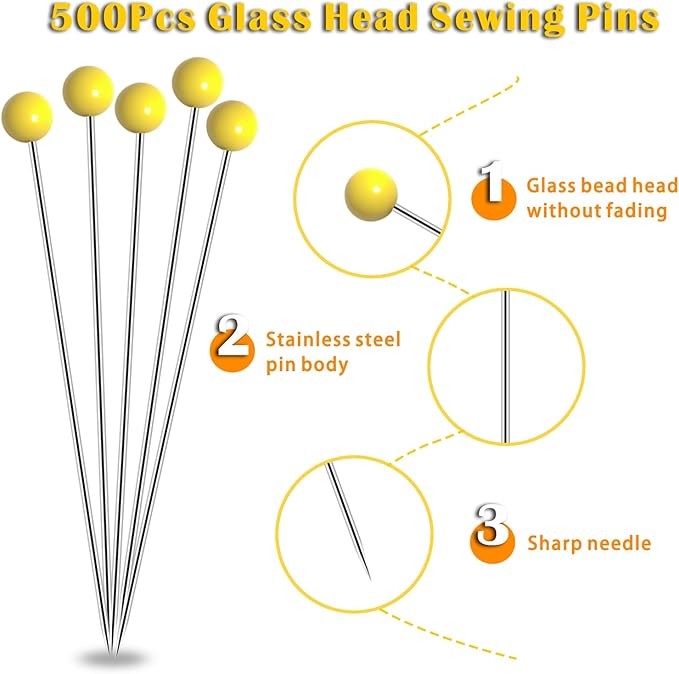 500 PCS Quilting Pins, 1.75 Inch Straight Pins with Yellow Glass Ball Head, Stainless Steel Dressmaker Pins for Sewing, Fabric, Crafts, Jewelry Making, DIY Projects