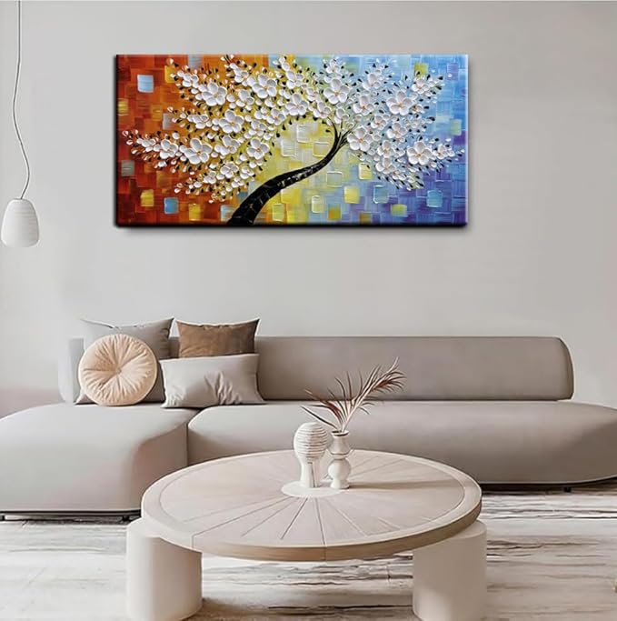 YaSheng Art -hand painted White Flowers Paintings Oil Painting On Canvas Abstract Texture Palette Knife Tree Paintings Modern Home living room Bedroom Dining Room Wall Decor Ready to hang 20x40inch