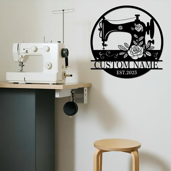 Custom Sewing Machine Sign with Name, Personalized Quilting Supplies Craft Room Metal Wall Decor, Customized Quilting Gifts for Quilters Women Mom Grandma Wife Sewing Lover