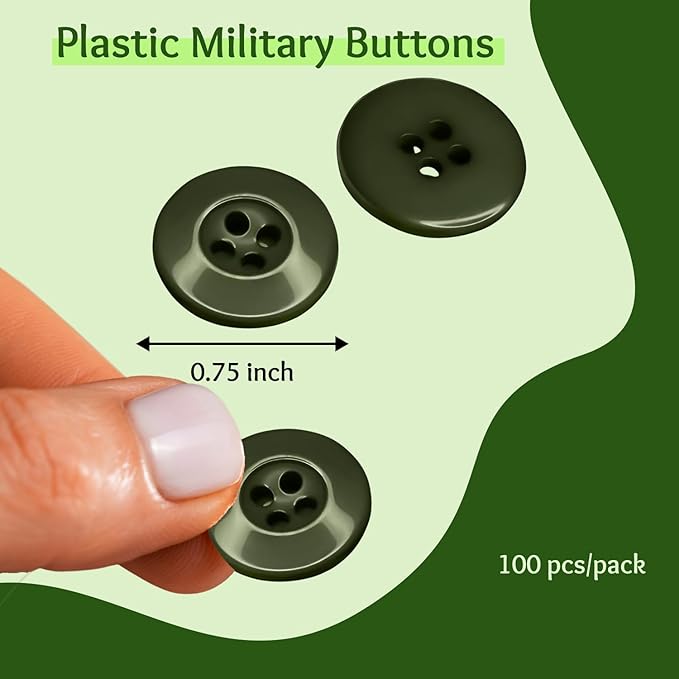 100 Pcs 3/4" Olive Drab 4 Hole Buttons for Sewing 0.75 inch Uniform Buttons 30L 19mm Plastic Green Glossy Ideal for Jacket Work Uniforms Workwear School Outfits Aprons Pants Bags DIY Crafts