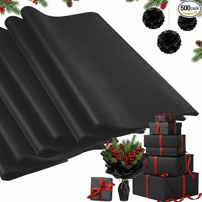Qilery 500 Sheets Black Tissue Paper Bulk for Gift Bags 15 x 20 Inch Acid Free Packaging Wrapping Paper Sheets for Wedding Party Decor DIY Crafts, Birthday, Shipping Packing