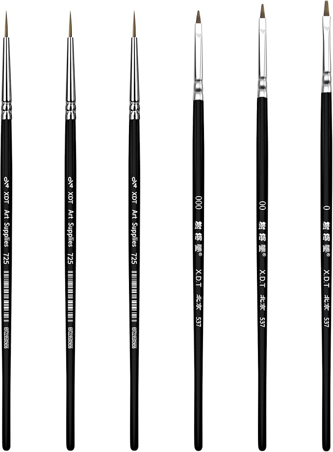 XDT#537#725 Fine Detail Artist Paint Brush 6 Piece Set, Miniature Brushes 4/0,3/0,2/0,1/0 for Micro Painting, Nail Model Acrylic Oil Watercolor, Black