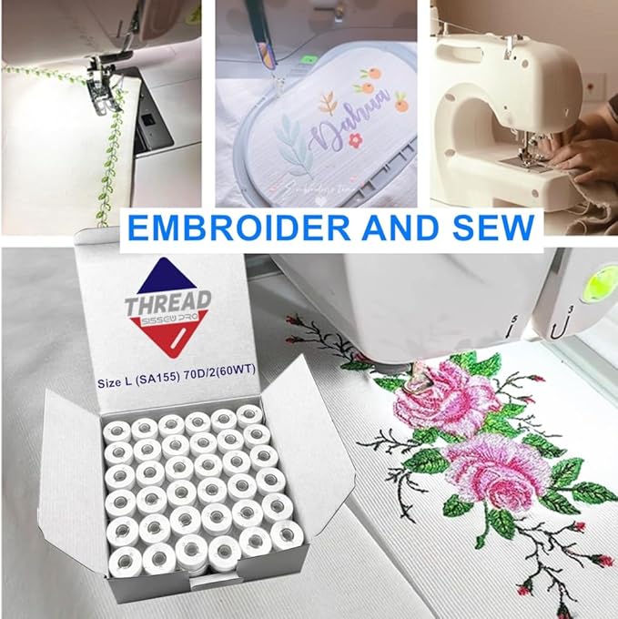 Prewound Bobbin L Size, 70D/2(60WT SA155 Size 9.4) Embroidery Sewing Machine Bobbins Thread Type L for Brother, Babylock, Singer, Husqvarna Viking, Pfaff Embroidery Machines
