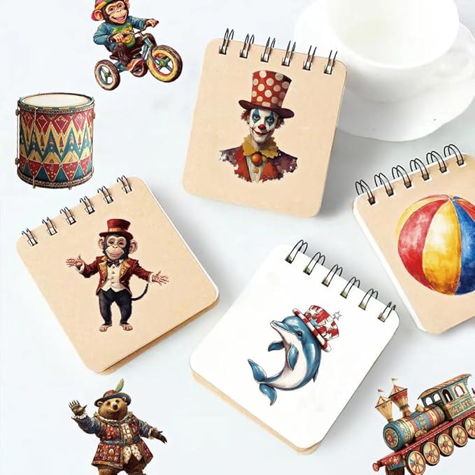 50 Pcs Vintage Circus Scrapbook Stickers – Clear Waterproof Clown, Animal, Tent, Retro Carnival Circus Decals for Journaling, Crafts, Planners, Cards & Laptop Decorations