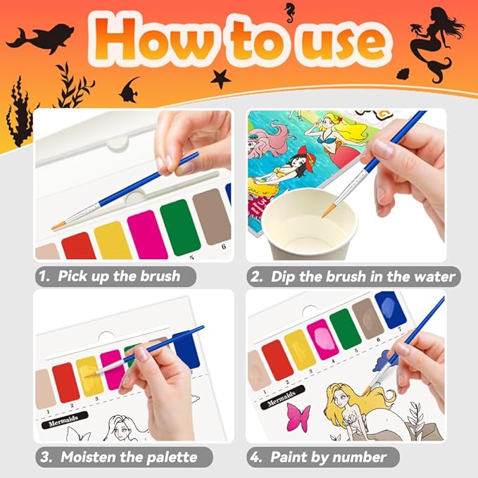 Paint With Water Books for Kid,Mermaids Coloring Book With Watercolor Paint Set Kids,Travel Coloring Kit，Arts and Crafts Suitable for Birthday