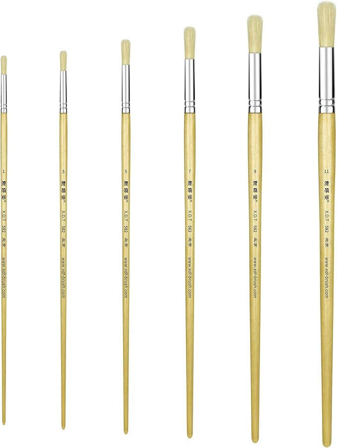XDT#582 Round Tip Artist Paint Brush 6 Piece Set Medium Stiff Hog Bristle Extra Long Handle #1#3#5#7#9#11, Best Brush for Painting Oil Acrylic Watercolor On Canvas