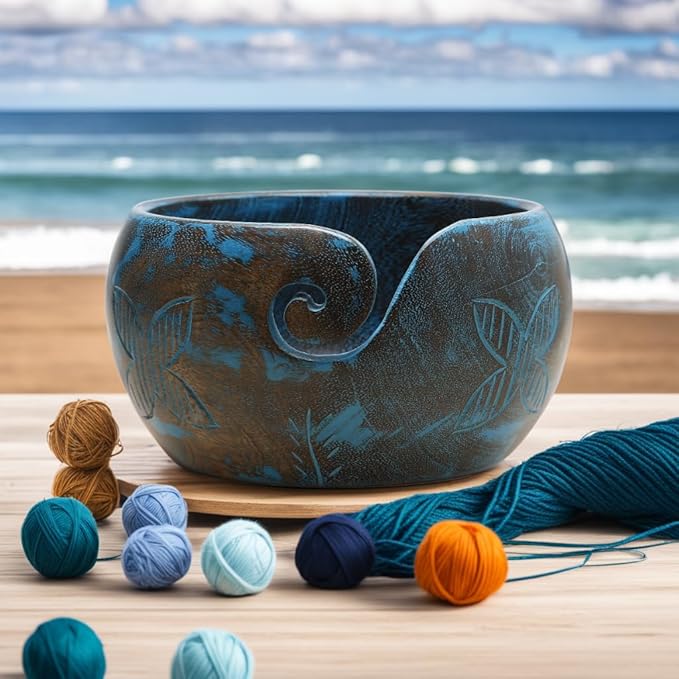 Large Wooden Blue Yarn Bowl for Crocheting - Crochet Holder (7x4) - Knitting Yarn Ball Storage - Crafting Christmas Gifts for Women, Gifts for Moms, Birthday