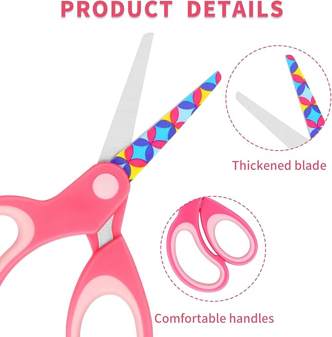 Left Handed Floral Kid Scissors, Blunt Tip Safety Children's Craft Scissors, Stainless Steel Blades, Soft Grips, for Use with Children 3 Years and Older, Pink, Blue, Red 3 Pair Pack