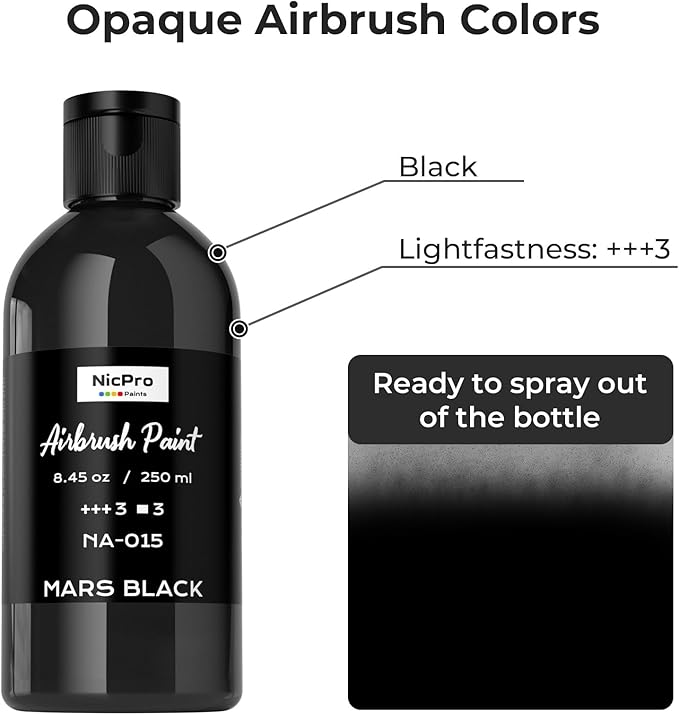 Nicpro Black Large Airbrush Paint (8.45 oz, 250 ml) Ready to Spray Opaque Water-Based Acrylic Air Brush Paints for Model, Wood, Canvas, Metal, Plastic, Leather, for Beginners & Artists