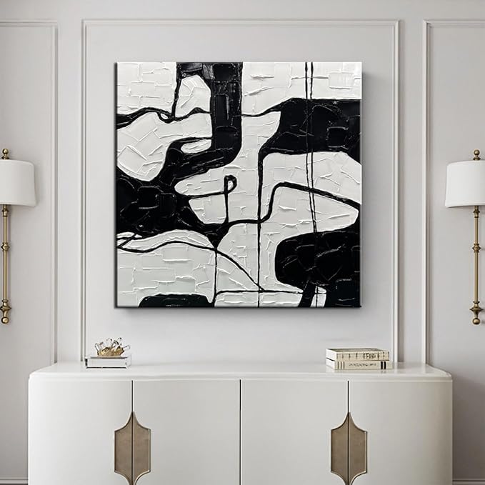YaSheng Art - Black and White Canvas Wall Art, Hand-Painted 3D Thick Texture Minimalism Abstract Artwork, Oil Painting for Living Room and Office, Ready to Hang, 30x30 Inch