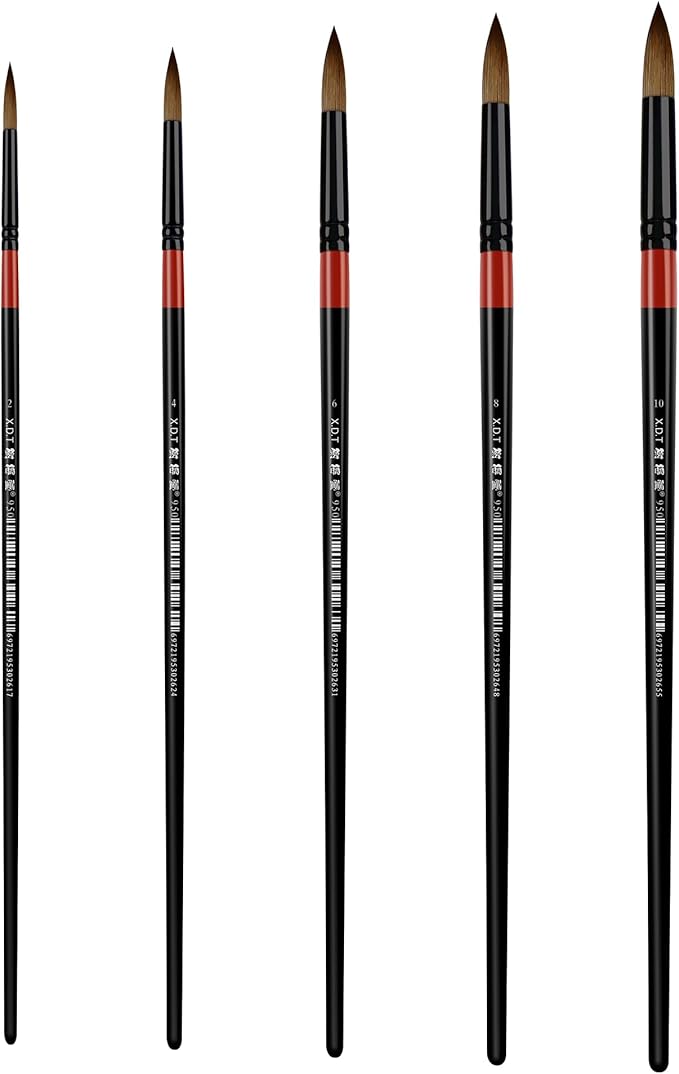 XDT#950-B Round Paint Brush 5 Pcs, Soft Natural Hair for Watercolor Painting Acrylic Painting and Gouache Ink Craft Painting