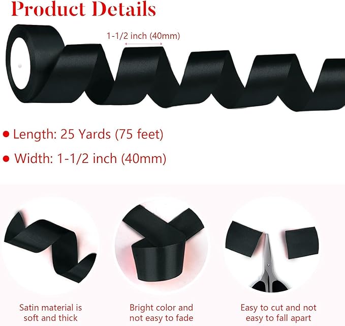 Black Satin Ribbon 1-1/2 Inch x 2 Rolls Black Wide Satin Fabric Ribbon for Gift Packaging, Christmas, Wedding, Flower Bouquet, Holiday Party, Invitation