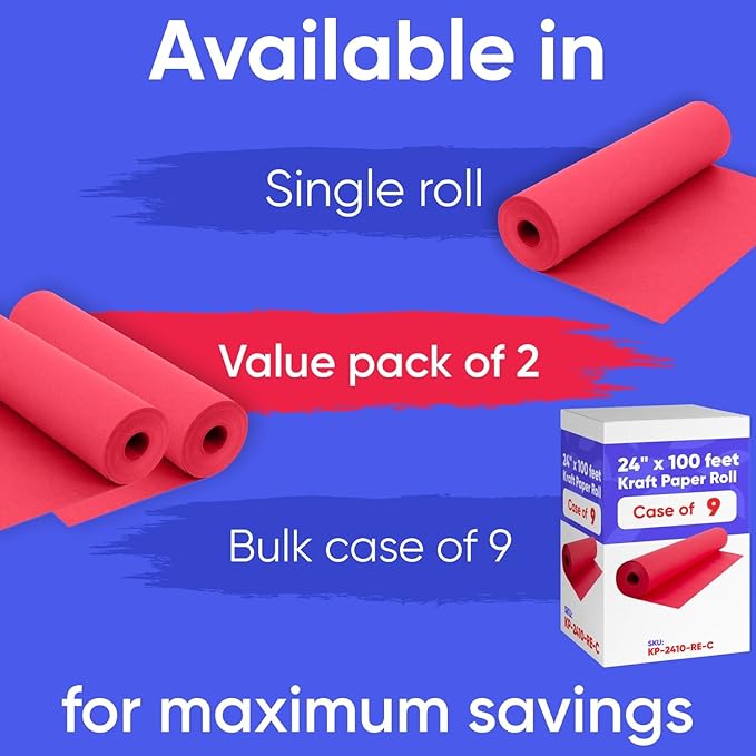 24" x 1200" (100 ft) Red Kraft Paper Roll (Value Pack of 2), 45 lbs Thickness, Made in USA Colored Kraft Paper for School, Bulletin Board - Odorless, Non-Toxic, Safe for Kids