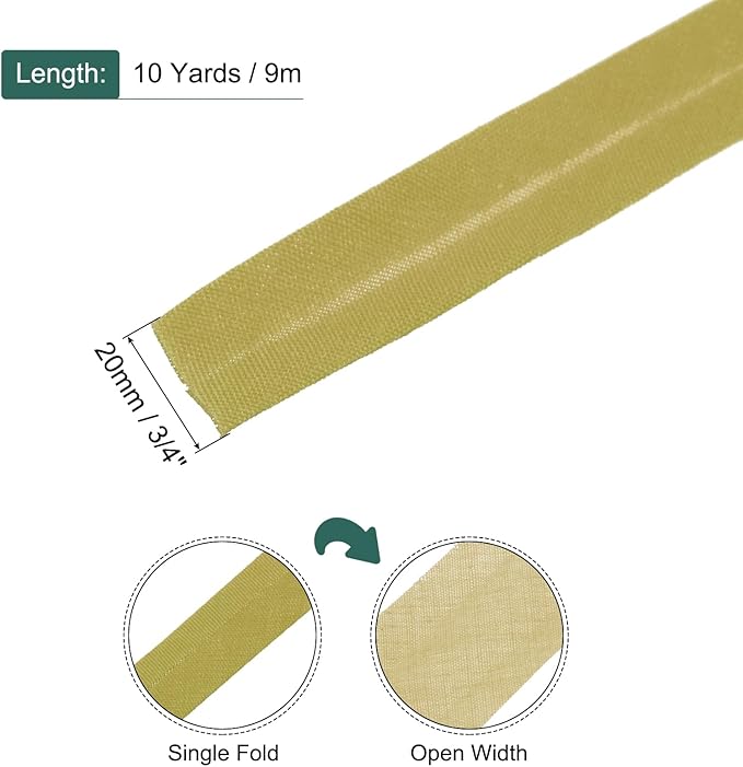 MECCANIXITY 3/4 Inch Single Fold Bias Tape Polyester Continuous Bulk Bias Tape for Sewing, Seaming Quilting Hemming Binding Crafts (Gold 10 Yards)