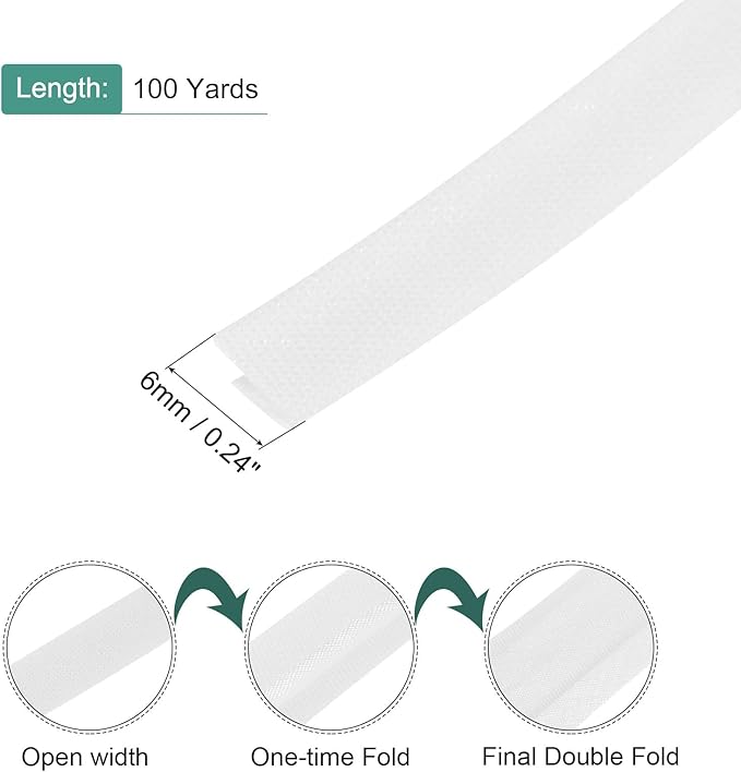 MECCANIXITY 1/4 Inch Double Fold Bias Tape Polyester Continuous Bulk Bias Tape for Sewing, Seaming Quilting Hemming Binding Crafts (White 100 Yards)
