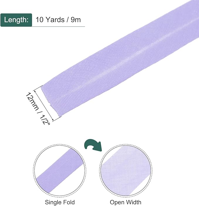 MECCANIXITY 1/2 Inch Single Fold Bias Tape Polyester Continuous Bulk Bias Tape for Sewing,Seaming Quilting Hemming Binding Crafts (Light Purple 10 Yards)