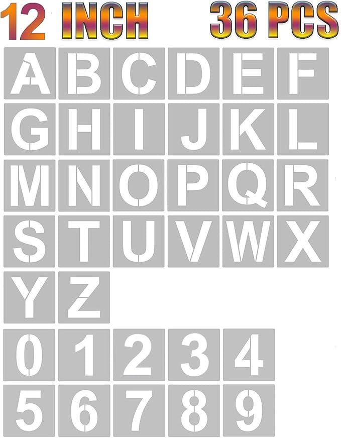 YEAJON 12 Inch Letter Stencils and Numbers, 36 Pcs Alphabet Art Craft Stencils, Reusable Plastic for Wood, Wall, Fabric, Rock, Chalkboard, Signage, DIY School Projects (12 Inch)