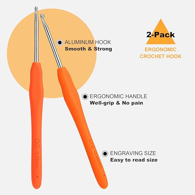 2Pcs 3.25mm Crochet Hooks, Ergonomic Crochet Hook for Arthritis and Beginners, Extra Long, Smooth, Comfortable (Size D / 3.25mm)