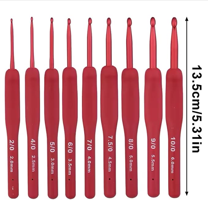 Crafts by KFRod - Ergonomic Crochet Hooks Set, Crochet Kit for Beginners, Ergonomic Anti Slippery Rubber Handle Knitting Needles (Set of 9 - Red)