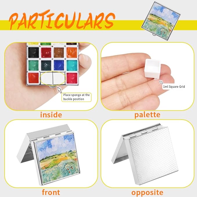 Portable Mini Tin Box 14-Well Empty Watercolor Palette Paint Mixing Tray is a Small Storage Travel Kit with Magnetic Clip and Oil Pot, Perfect for Outdoor Sketching and DIY Painting.Field