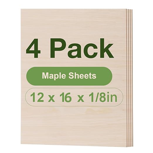 Rowood 4 Pack Maple Plywood 1/8,12x16x1/8inch,3mm Wood Sheets Thin Unfinished Maple Plywood for Laser Cutting and Engraving,DIY Adult Craft Project Kits for Ornaments, Models Drawing,Wood Burning