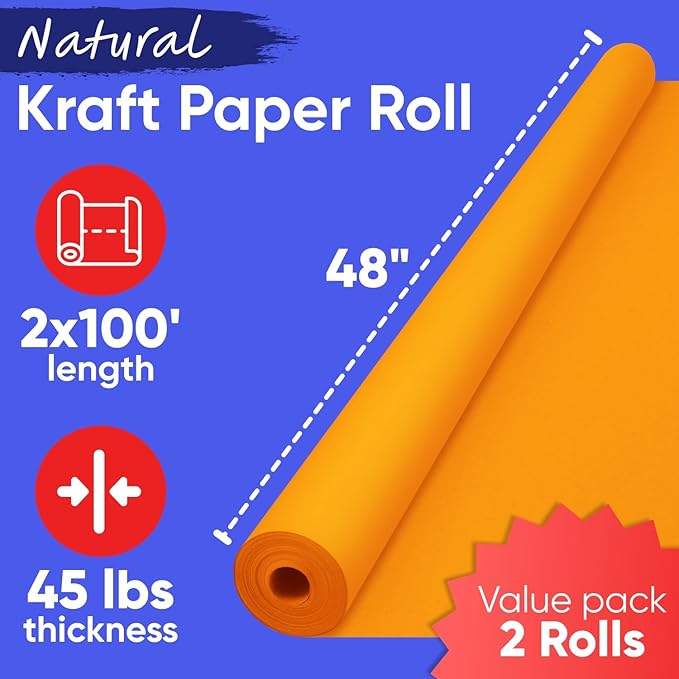 48" x 1200" (100 ft) Orange Kraft Paper Roll (Value Pack of 2), 45 lbs Thickness, Made in USA Colored Kraft Paper for School, Bulletin Board - Odorless, Non-Toxic, Safe for Kids