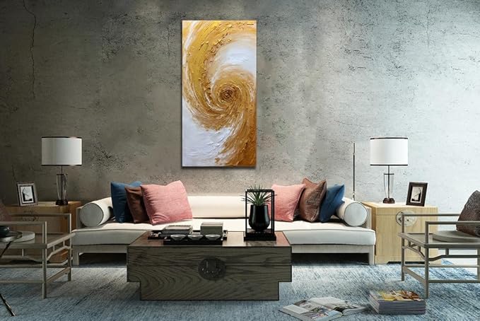 V-inspire Art,Abstract Hand drawn Oil Painting on Canvas, 24x48 Inches, Golden Tones, Acrylic Framed Living room Bedroom Wall Art