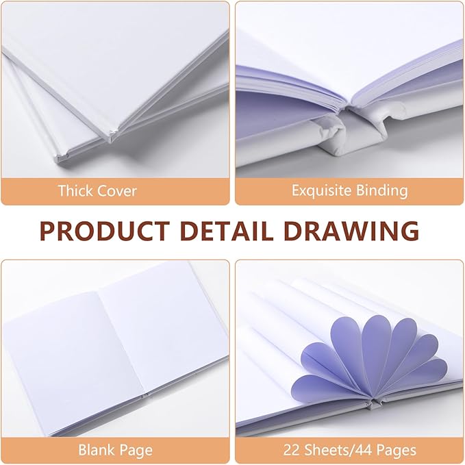 12 Pack White Hardcover Blank Book 6x8 inch, Hardcover Blank book for Students to Write Stories, Hardcover Sketchbooks Journal（White，22 Sheets/ 44 Pages Each）