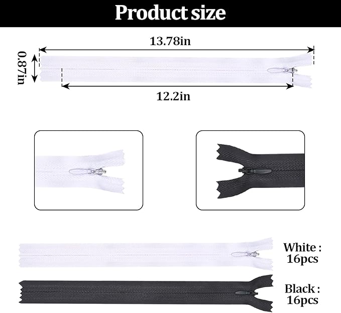 32pcs 12 Inches Nylon Coil Zippers, #3 Invisible Zipper for Sewing,Black and White Nylon Bulk Zipper for DIY Crafts, Pocket, and Accessories