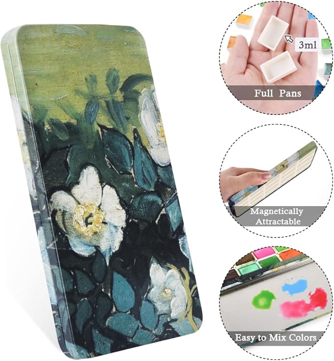 Portable Watercolor Paint Palette with Tins, Lightweight Empty Full Pans with Magnetic Squares, Metal Paint Tray Palettes for Travel, Acrylics Painting and Art, 20Full Pans,Green Rose