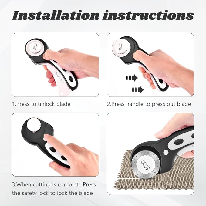 45mm Rotary Cutter for Fabric with 10 pcs Blades,Pinking Rotary Cutter for Quilting Crafts Sewing(COLOR:Black)