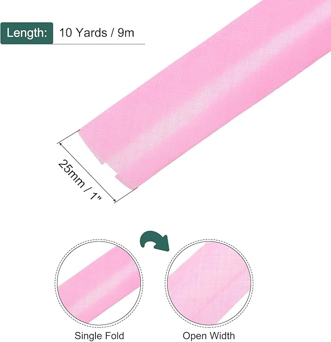 MECCANIXITY 1 Inch Single Fold Bias Tape Cotton Continuous Bulk Bias Tape for Sewing,Seaming Quilting Hemming Binding Crafts (Pink 10 Yards)